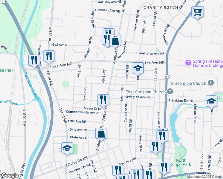 map of restaurants, bars, coffee shops, grocery stores, and more near 1105 Amherst Road Northeast in Massillon