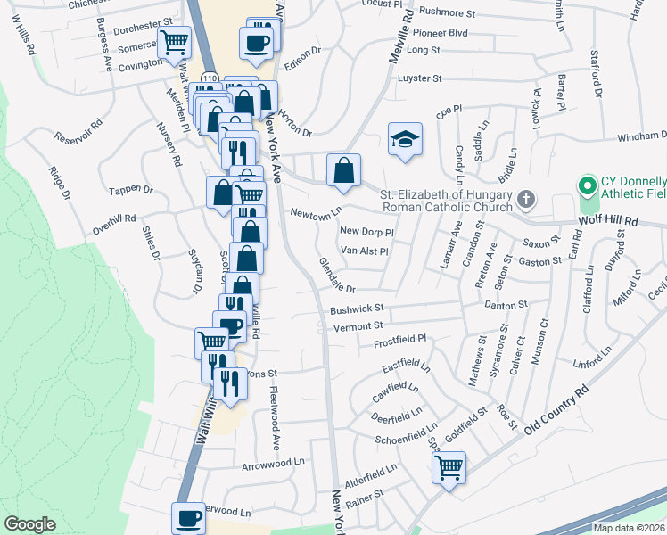 map of restaurants, bars, coffee shops, grocery stores, and more near 8 Glendale Drive in Melville
