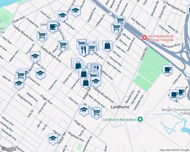 map of restaurants, bars, coffee shops, grocery stores, and more near 263 Ridge Road in Lyndhurst