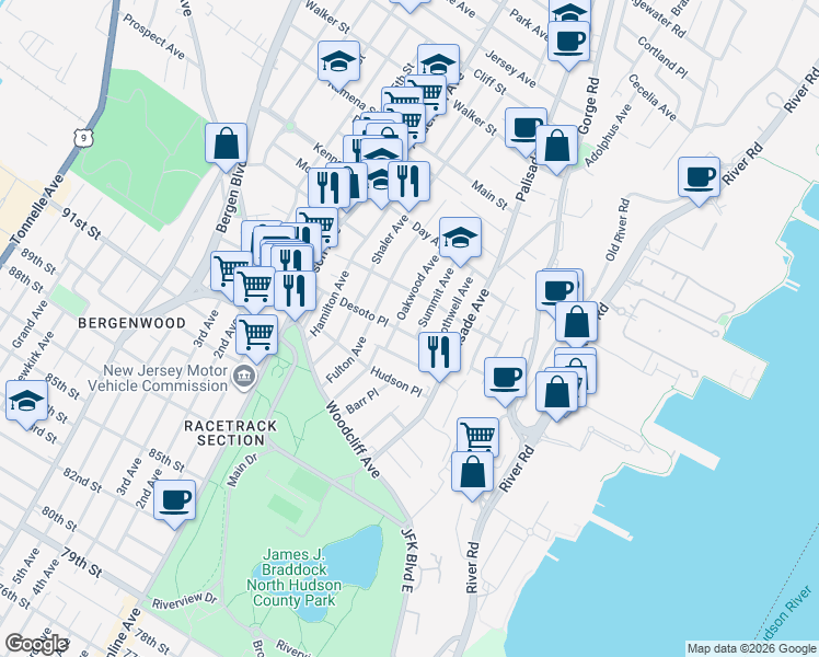 map of restaurants, bars, coffee shops, grocery stores, and more near 141 Oakwood Avenue in Cliffside Park