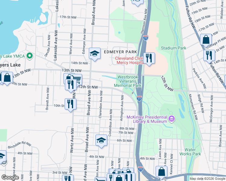 map of restaurants, bars, coffee shops, grocery stores, and more near 2436 Lake Road Boulevard Northwest in Canton