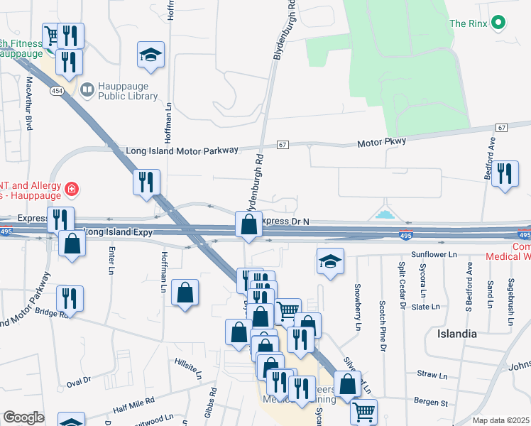 map of restaurants, bars, coffee shops, grocery stores, and more near 215 Towne House Village in Islandia