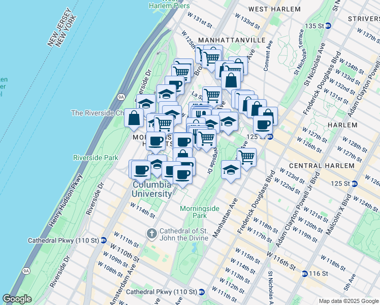 map of restaurants, bars, coffee shops, grocery stores, and more near 1230 Amsterdam Avenue in New York