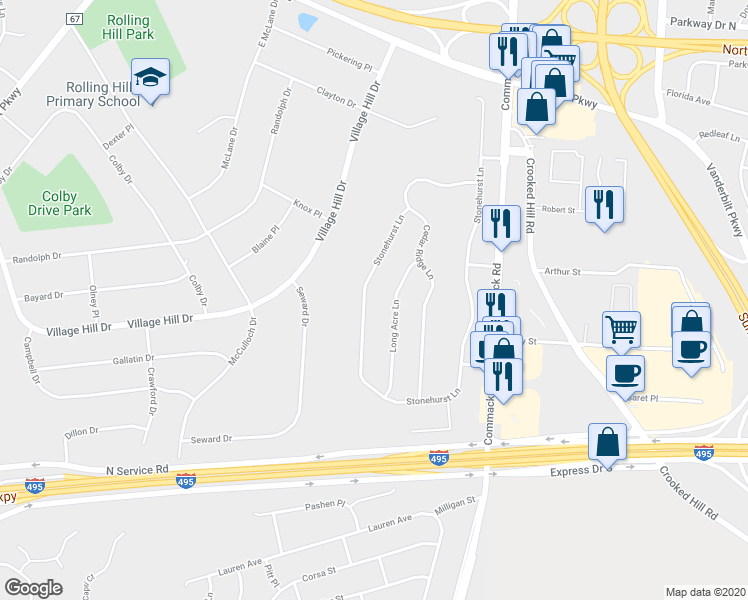 map of restaurants, bars, coffee shops, grocery stores, and more near 22 Stonehurst Lane in Huntington Station