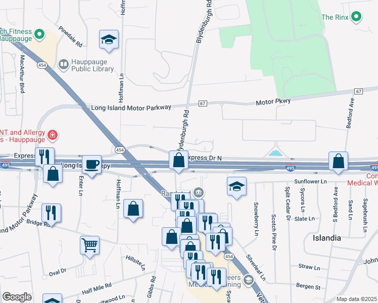 map of restaurants, bars, coffee shops, grocery stores, and more near 1205 Town House Village in Islandia