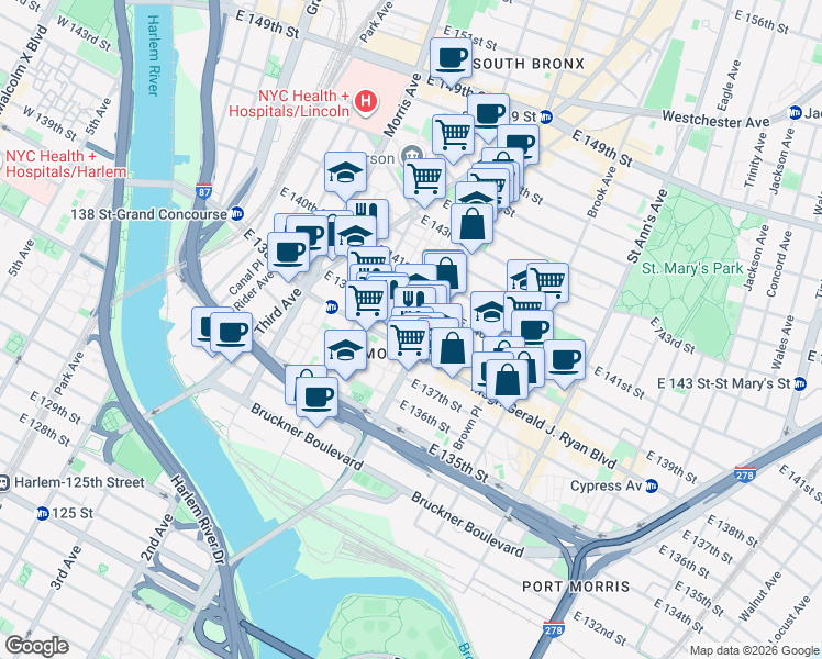 map of restaurants, bars, coffee shops, grocery stores, and more near in The Bronx