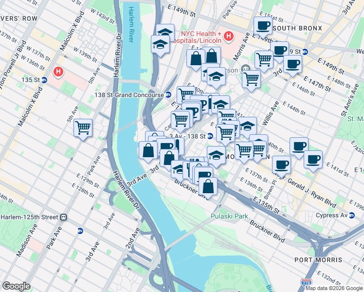 map of restaurants, bars, coffee shops, grocery stores, and more near 2495 3rd Avenue in The Bronx