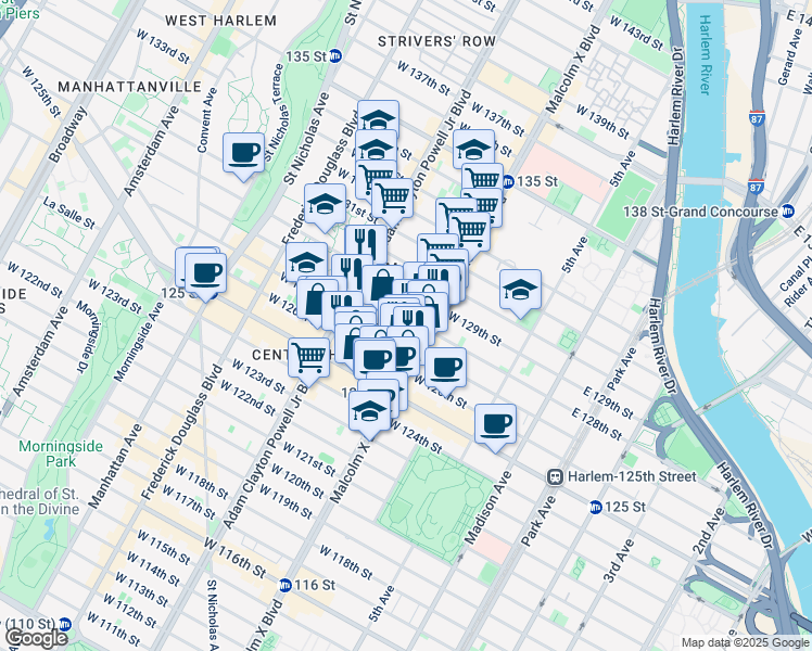 map of restaurants, bars, coffee shops, grocery stores, and more near 131 West 128th Street in New York