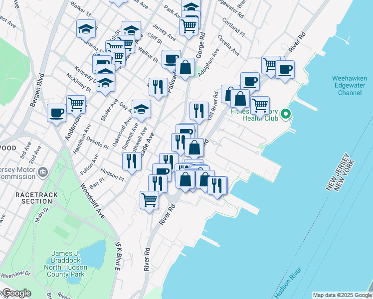 map of restaurants, bars, coffee shops, grocery stores, and more near 100 Thompson Lane in Edgewater