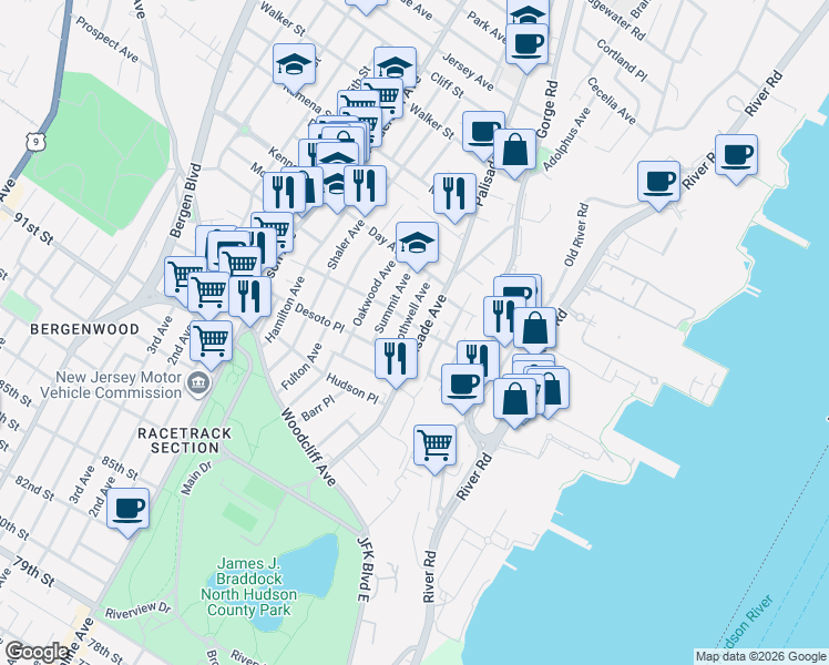 map of restaurants, bars, coffee shops, grocery stores, and more near 225 Prospect Avenue in Cliffside Park