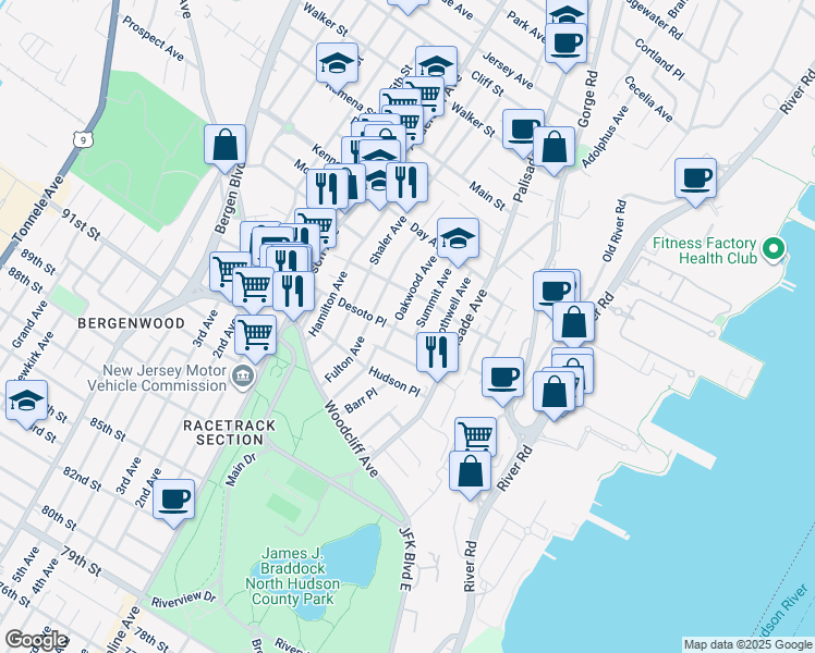 map of restaurants, bars, coffee shops, grocery stores, and more near 141 Oakwood Avenue in Cliffside Park