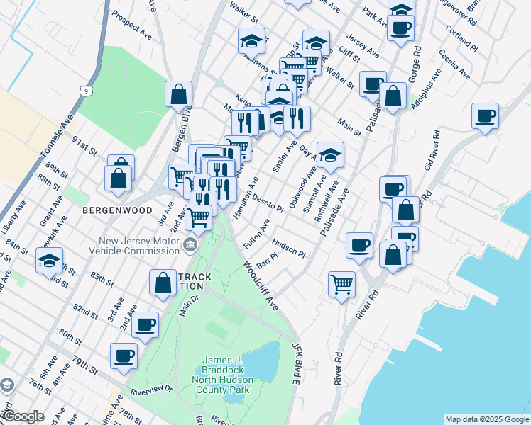 map of restaurants, bars, coffee shops, grocery stores, and more near 275 Desoto Place in Fairview