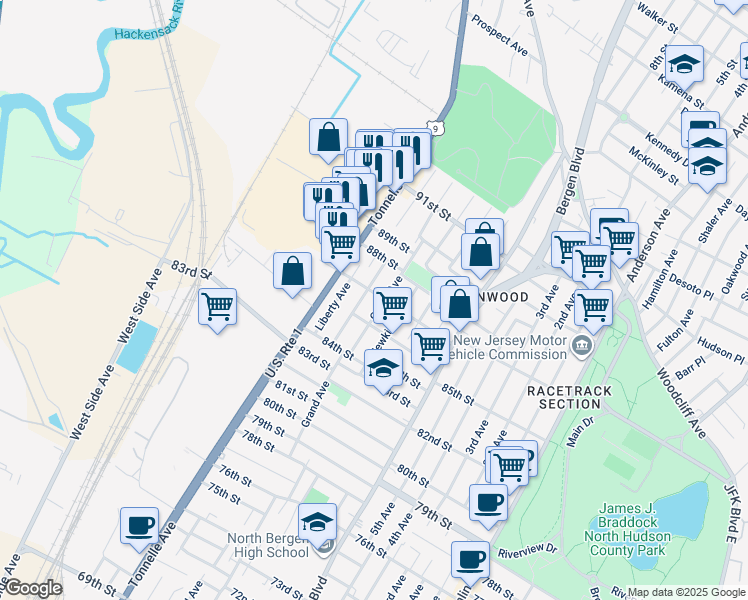 map of restaurants, bars, coffee shops, grocery stores, and more near 8610 Columbia Avenue in North Bergen