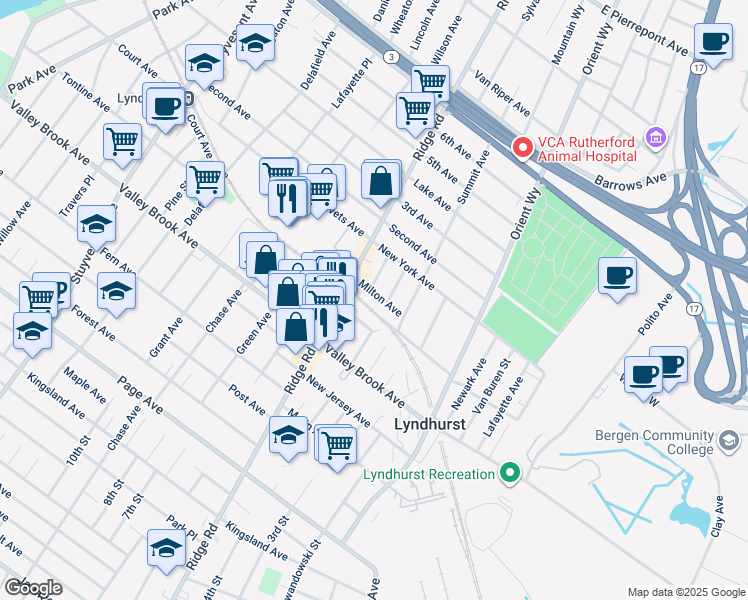 map of restaurants, bars, coffee shops, grocery stores, and more near 615 Milton Avenue in Lyndhurst