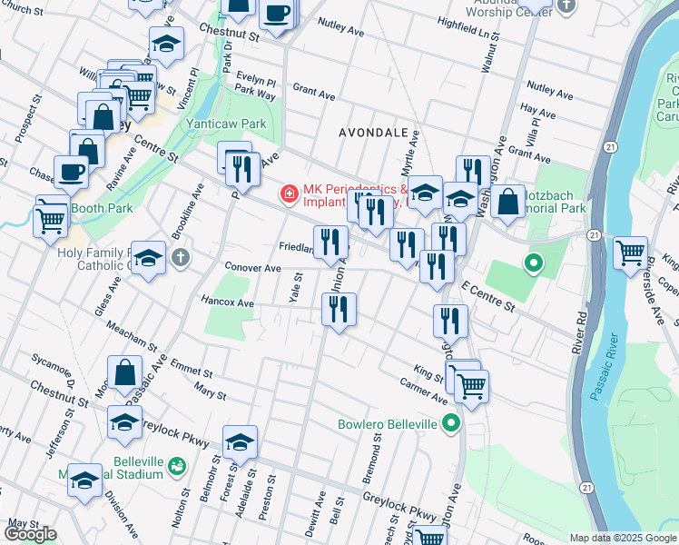 map of restaurants, bars, coffee shops, grocery stores, and more near 108 Union Avenue in Nutley