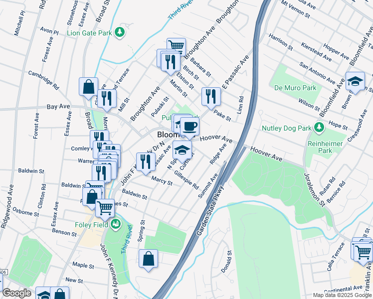 map of restaurants, bars, coffee shops, grocery stores, and more near 217 Hoover Avenue in Bloomfield