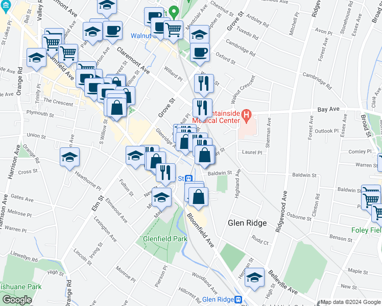 map of restaurants, bars, coffee shops, grocery stores, and more near 31 Grant Street in Montclair