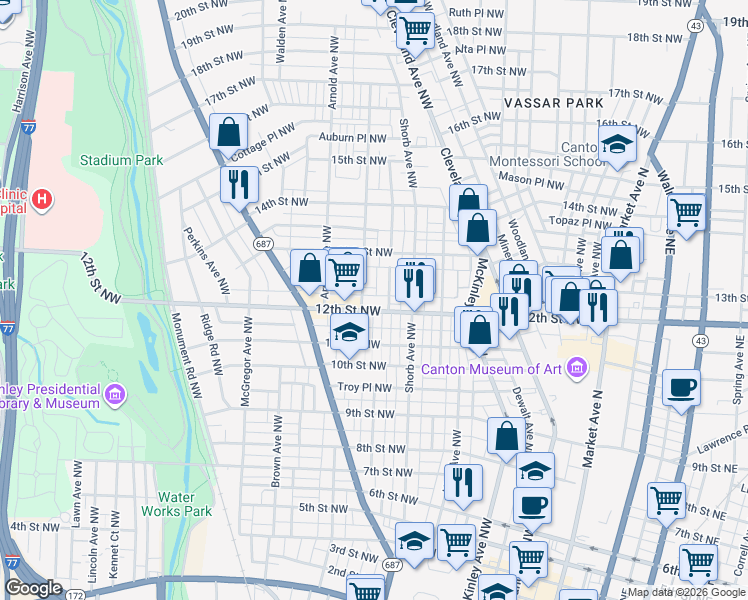 map of restaurants, bars, coffee shops, grocery stores, and more near 1233 Oxford Avenue Northwest in Canton