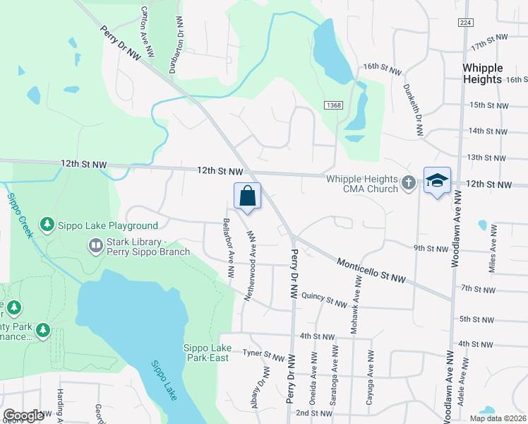 map of restaurants, bars, coffee shops, grocery stores, and more near 1125 Perry Drive Northwest in Canton