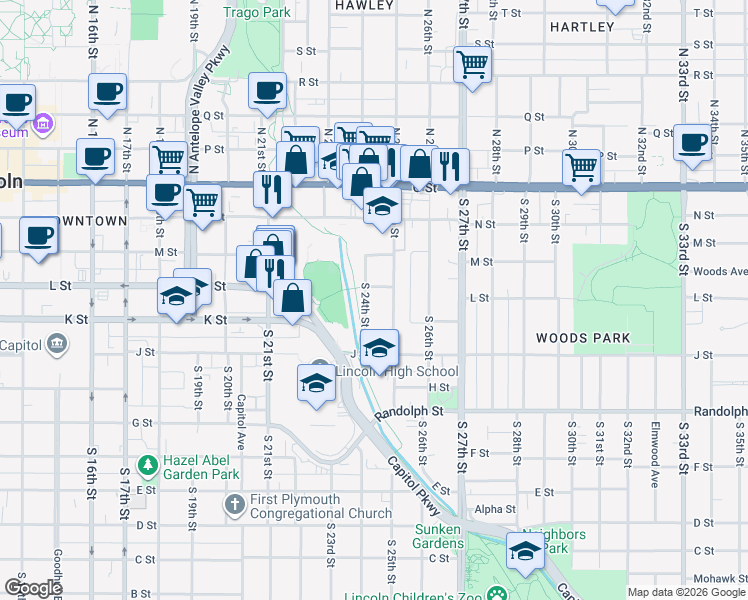 map of restaurants, bars, coffee shops, grocery stores, and more near 347 South 25th Street in Lincoln