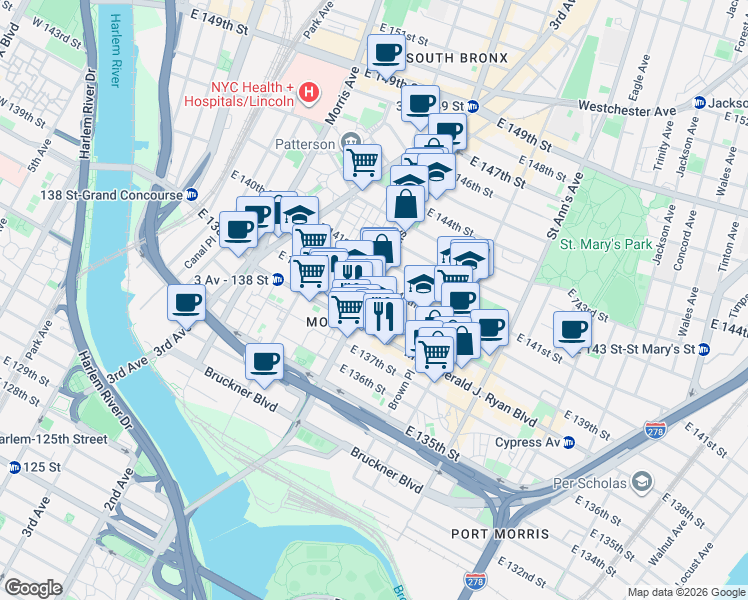map of restaurants, bars, coffee shops, grocery stores, and more near in The Bronx