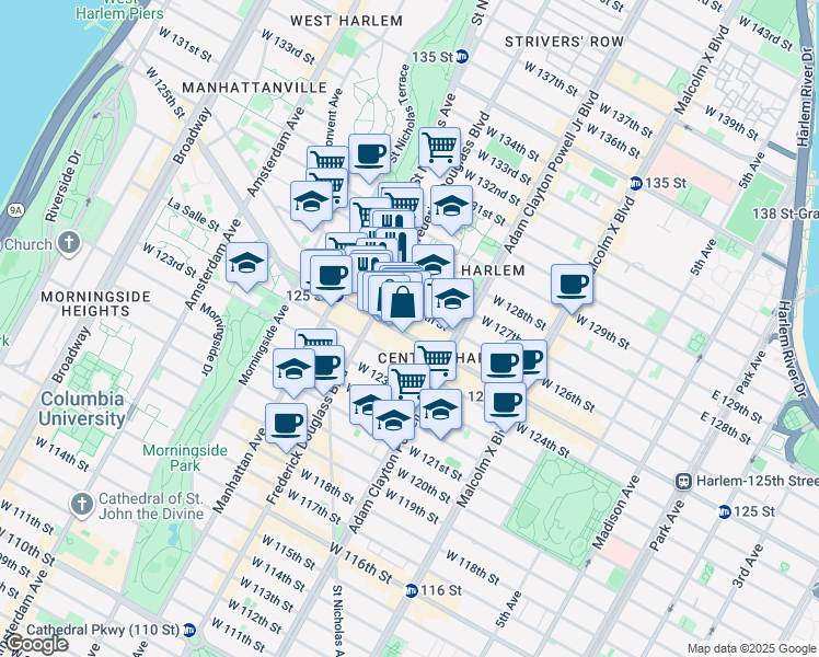 map of restaurants, bars, coffee shops, grocery stores, and more near 270w West 126th Street in New York