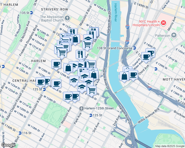 map of restaurants, bars, coffee shops, grocery stores, and more near 2123 Madison Avenue in New York