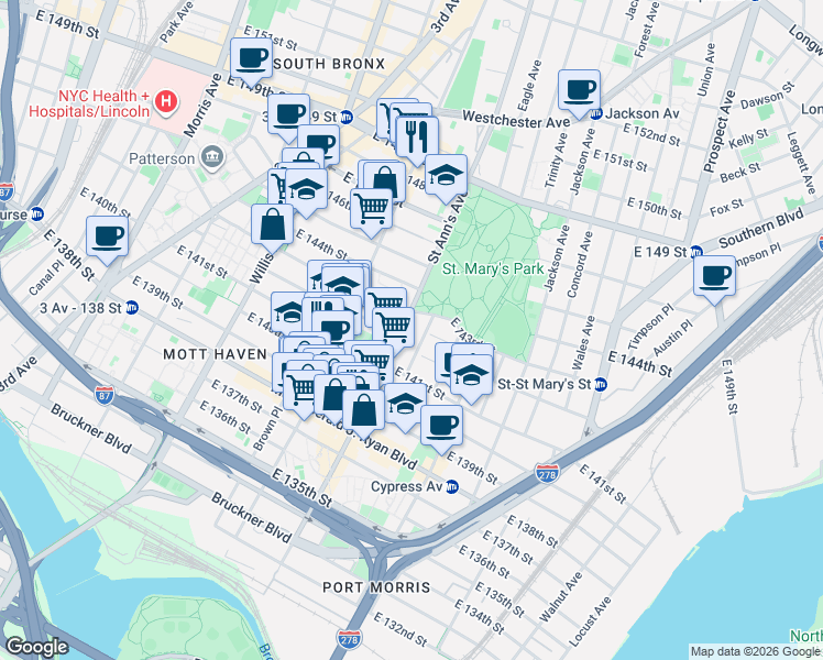 map of restaurants, bars, coffee shops, grocery stores, and more near in The Bronx