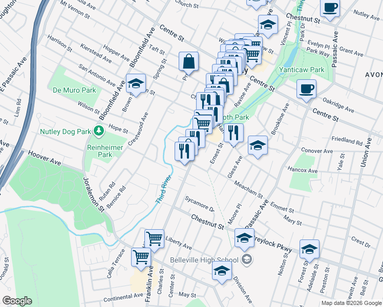 map of restaurants, bars, coffee shops, grocery stores, and more near 65 Franklin Avenue in Nutley