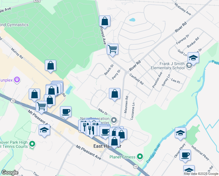 map of restaurants, bars, coffee shops, grocery stores, and more near 13 Forest Road in East Hanover
