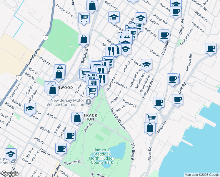 map of restaurants, bars, coffee shops, grocery stores, and more near 298B Desoto Place in Fairview