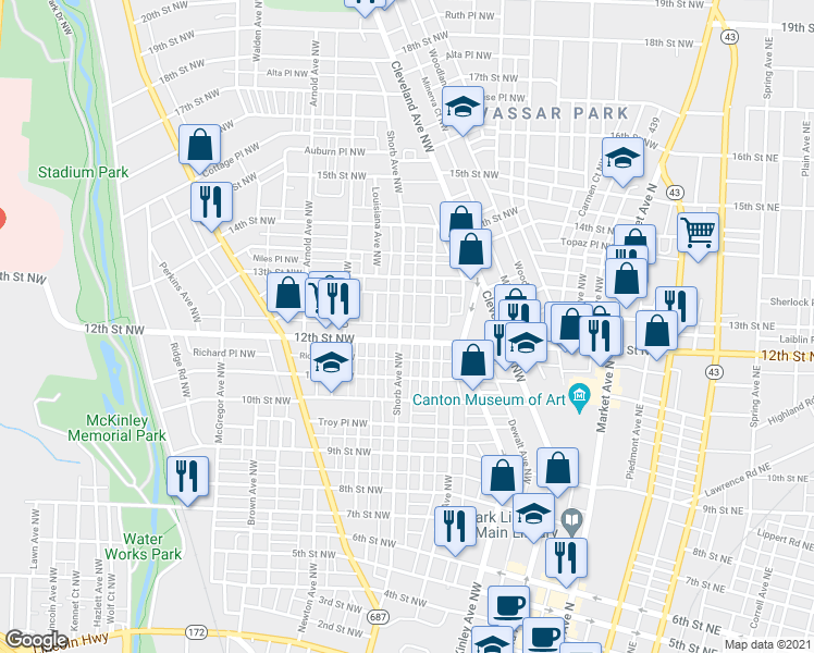 map of restaurants, bars, coffee shops, grocery stores, and more near 1235 Worley Avenue Northwest in Canton