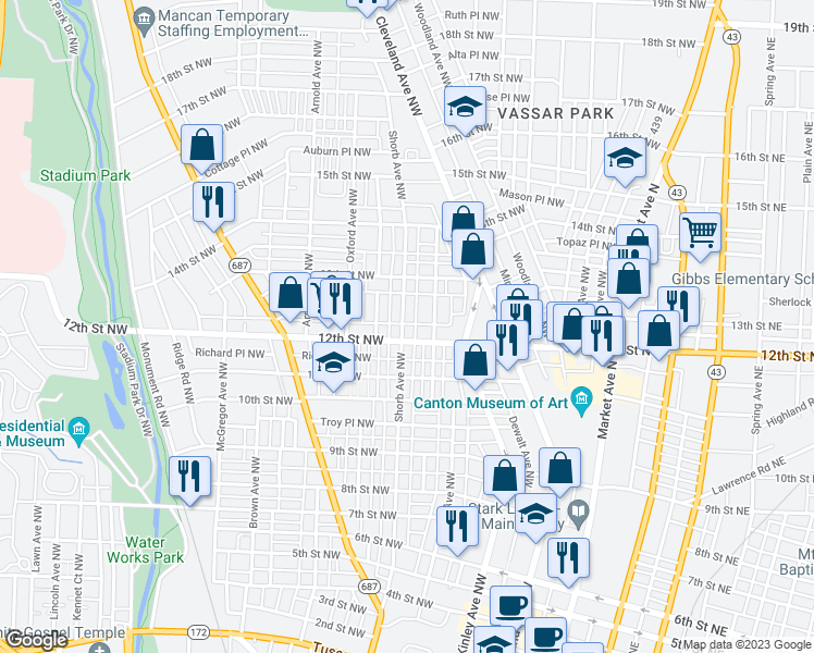 map of restaurants, bars, coffee shops, grocery stores, and more near 1212 Shorb Avenue Northwest in Canton
