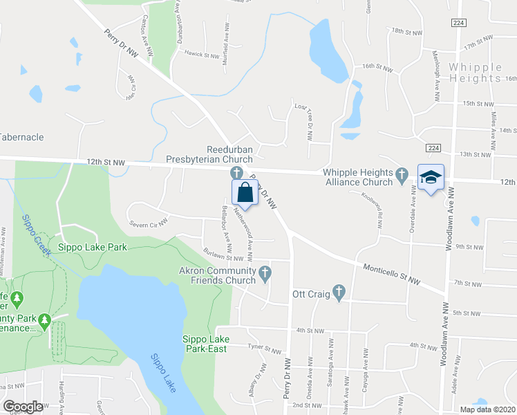 map of restaurants, bars, coffee shops, grocery stores, and more near 1119 Perry Drive Northwest in Canton