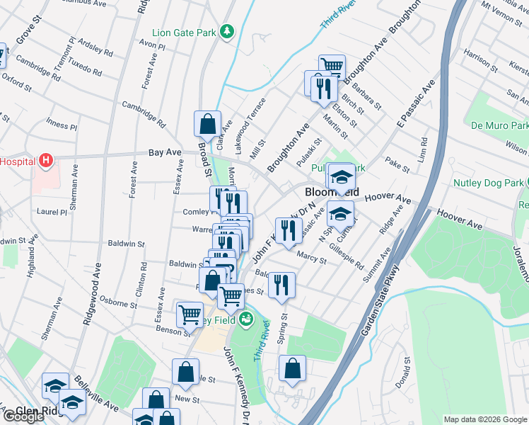 map of restaurants, bars, coffee shops, grocery stores, and more near 345 Hoover Avenue in Bloomfield