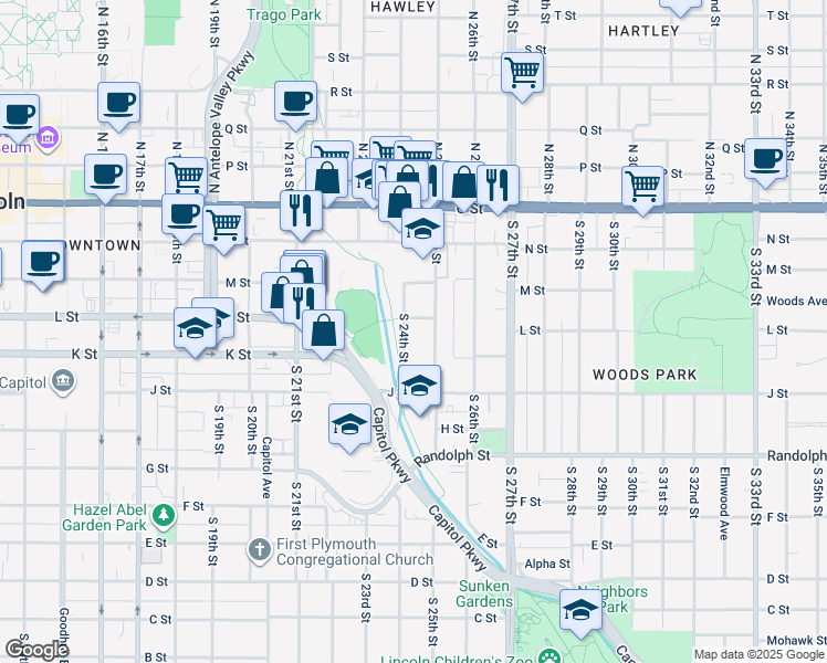 map of restaurants, bars, coffee shops, grocery stores, and more near 412 South 24th Street in Lincoln