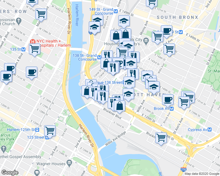 map of restaurants, bars, coffee shops, grocery stores, and more near 241 East 136th Street in The Bronx