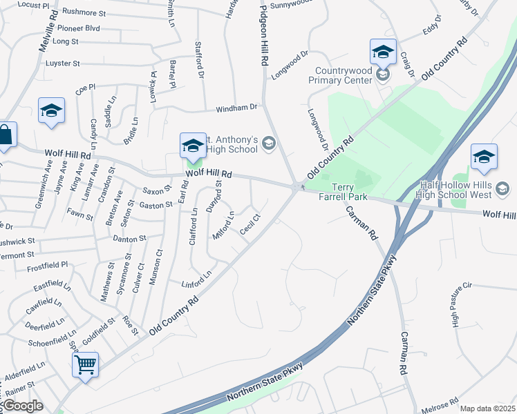 map of restaurants, bars, coffee shops, grocery stores, and more near 9 Cecil Court in Melville