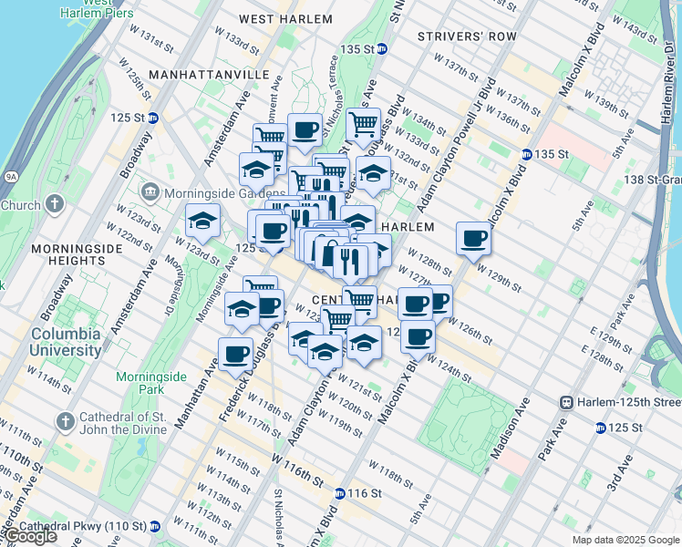 map of restaurants, bars, coffee shops, grocery stores, and more near 239 West 125th Street in New York