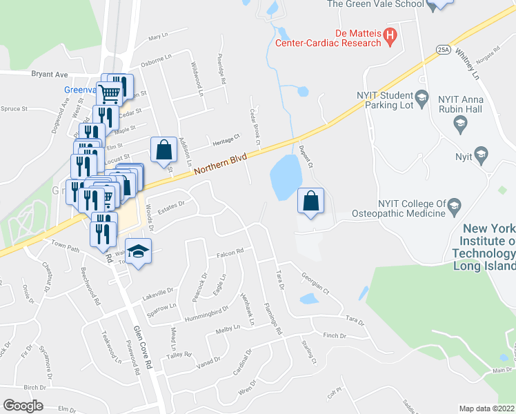 map of restaurants, bars, coffee shops, grocery stores, and more near 98 Swan Court in Roslyn