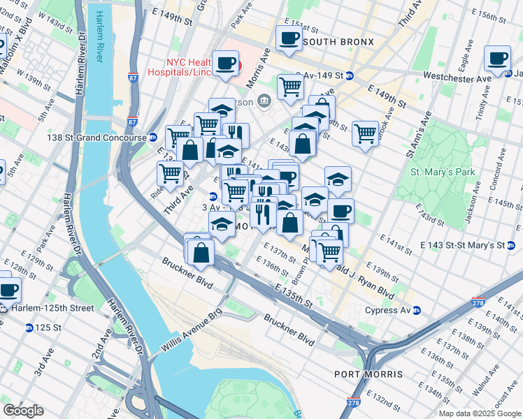 map of restaurants, bars, coffee shops, grocery stores, and more near in The Bronx