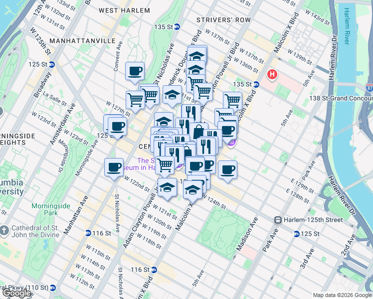 map of restaurants, bars, coffee shops, grocery stores, and more near 160 West 127th Street in New York