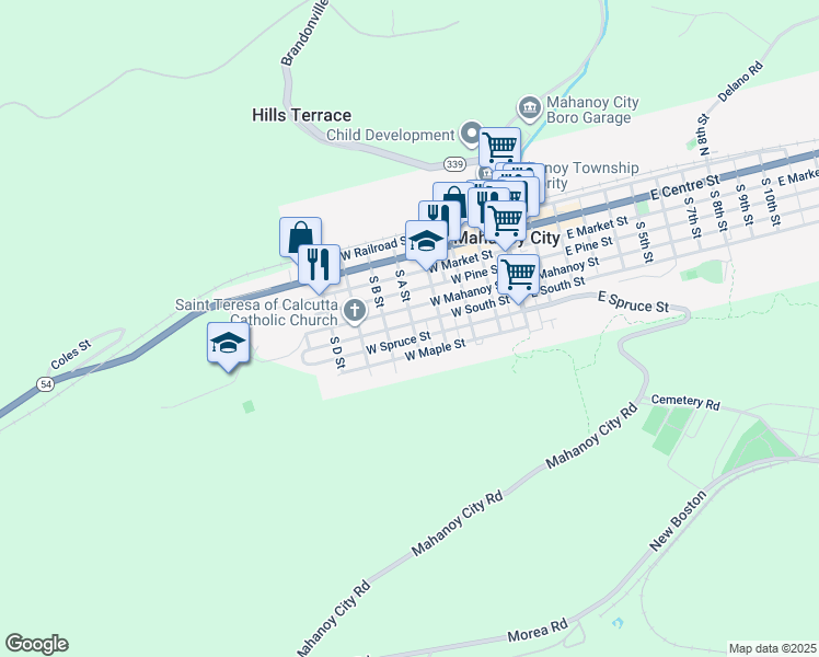 map of restaurants, bars, coffee shops, grocery stores, and more near 402 West South Street in Mahanoy City