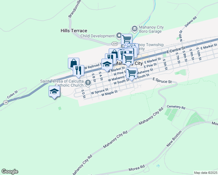 map of restaurants, bars, coffee shops, grocery stores, and more near 96 South Catawissa Street in Mahanoy City