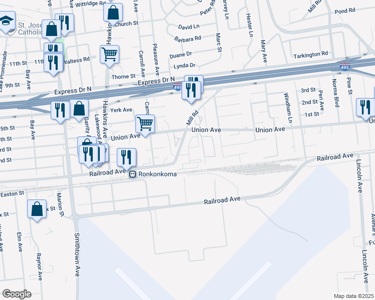map of restaurants, bars, coffee shops, grocery stores, and more near 76 Union Avenue in Ronkonkoma
