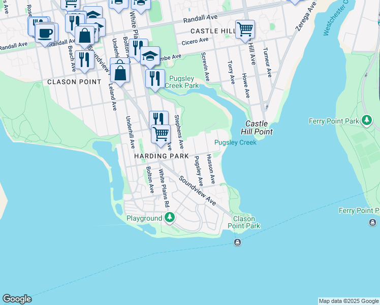 map of restaurants, bars, coffee shops, grocery stores, and more near 221 Pugsley Avenue in Bronx