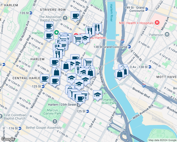 map of restaurants, bars, coffee shops, grocery stores, and more near 2123 Madison Avenue in New York