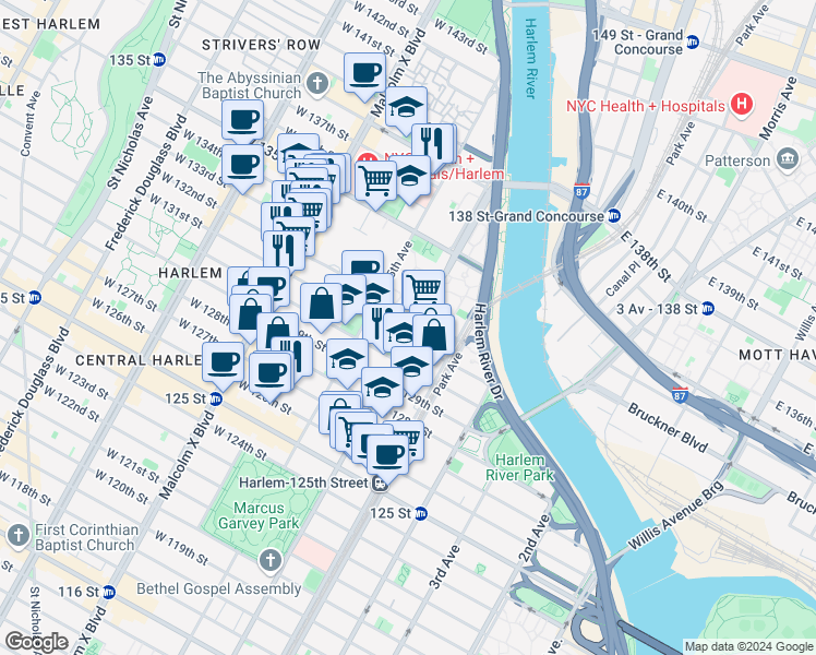 map of restaurants, bars, coffee shops, grocery stores, and more near 10E East 132nd Street in New York