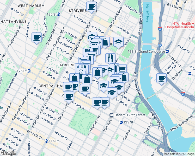 map of restaurants, bars, coffee shops, grocery stores, and more near 28 West 131st Street in New York
