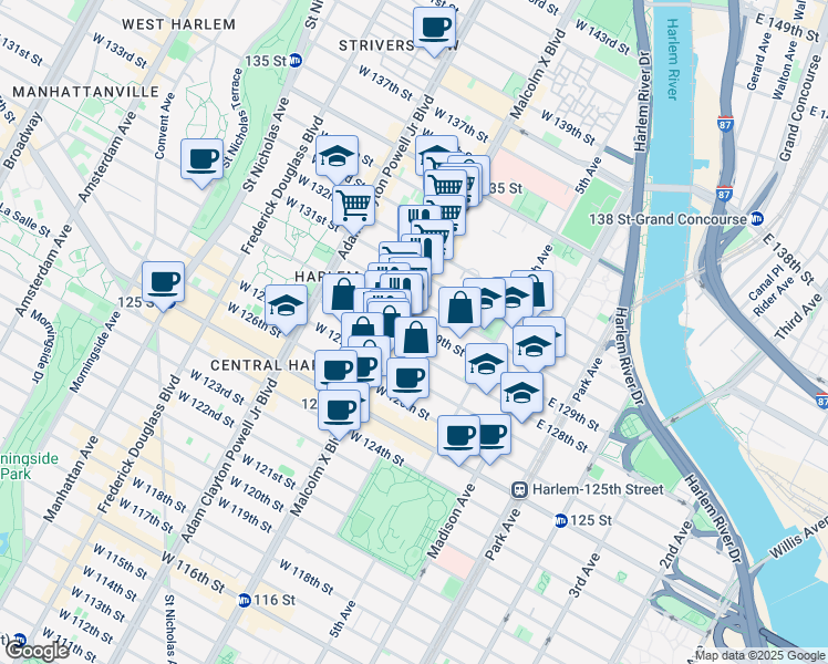 map of restaurants, bars, coffee shops, grocery stores, and more near 56 West 130th Street in New York
